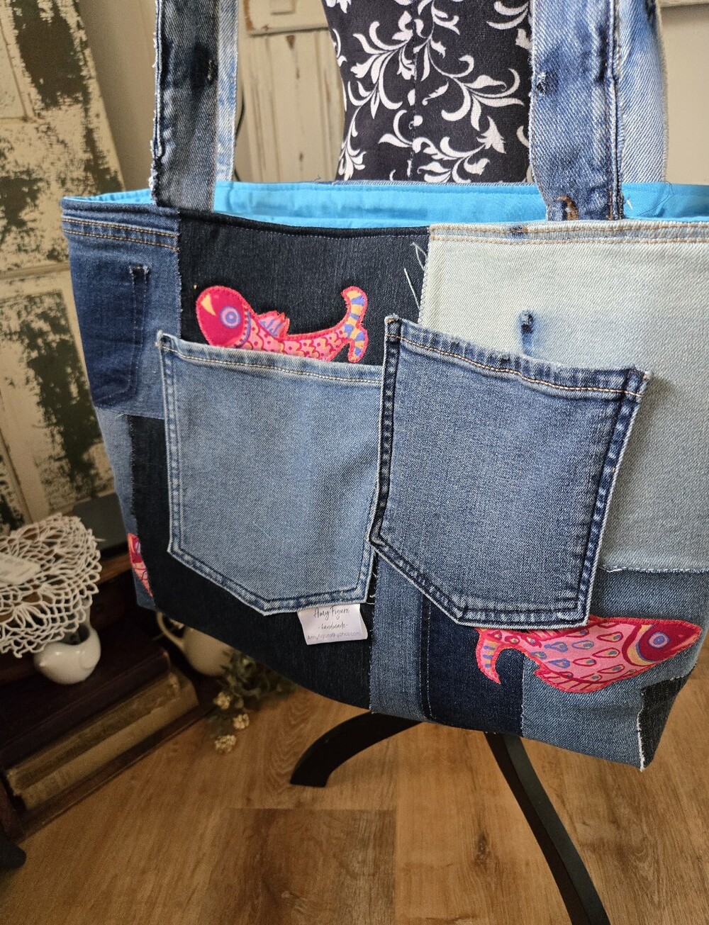 Denim Patchwork Tote Bag with Bright Blue Lining - Picture 2 of 7